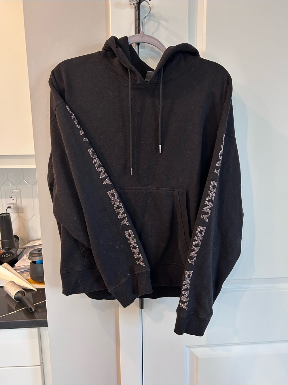 DKNY Black Fleece Hoodie Rhinestone Logo Sleeve Pullover Y2K Embellished Cozy